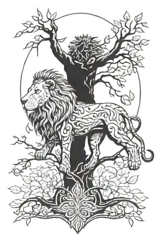 Lion And Life Tree And Climbing A Man