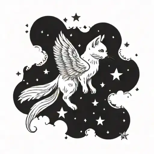 A White Cat With Angel Wings Flying Through A Starry Night Sky