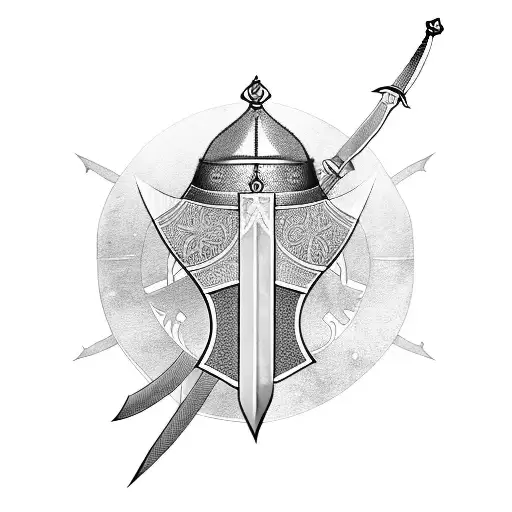 Arabic Sword And Arab Knight Helmet In A Battle Field