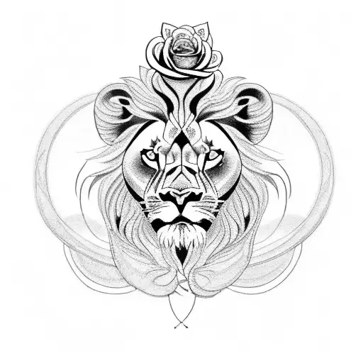 A Majestic Lion And A Delicate Rose Entwined Together