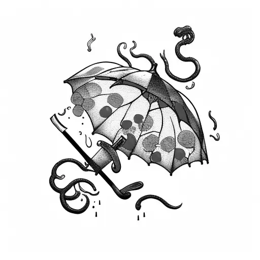 Black Umbrella And A Bloody Knife Next To Eachother