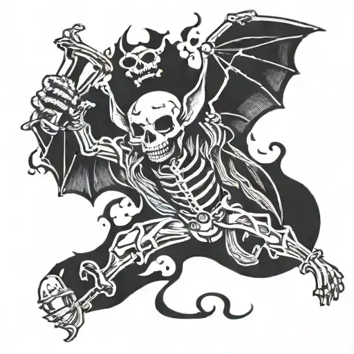 American Traditional Flying Skeleton Bat Carrying A Molotov Cocktail