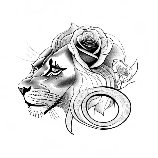 A Majestic Lion And Roses Entwined Together