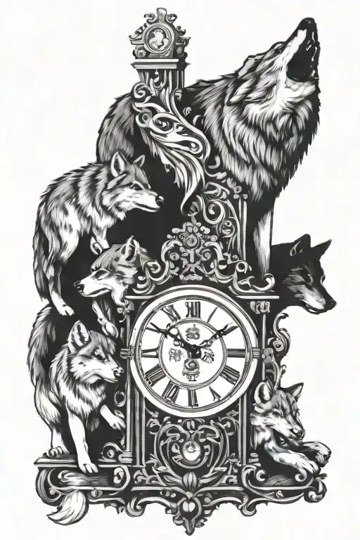 Wolf With Cubs On A Grandfather Clock