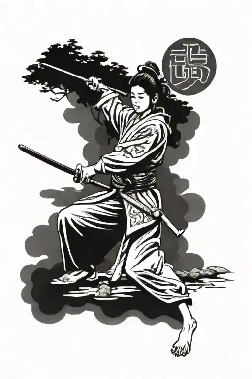 Samurai Female Practicing Martial Arts In A Traditional Japanese Garden
