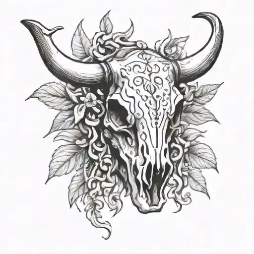 A Blackwork Design Of A Cow Skull Adorned With Hot Peppers