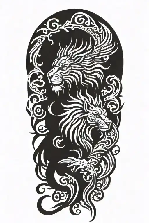 Lion And Phoenix With Tribal Tattoo Design Inspired