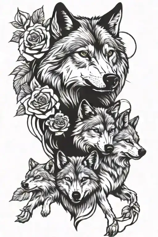 Wolf With Cubs Intertwined With Roses