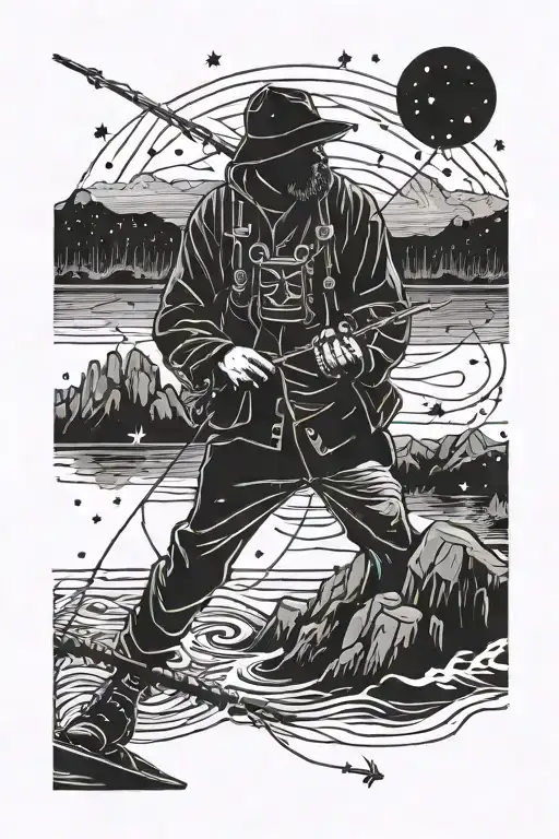 A Detailed Blackwork Design Of A Fisherman Casting A Line Towards Shooting Stars