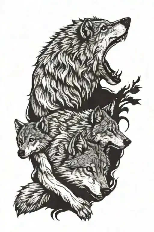 Wolf With Cubs Playing