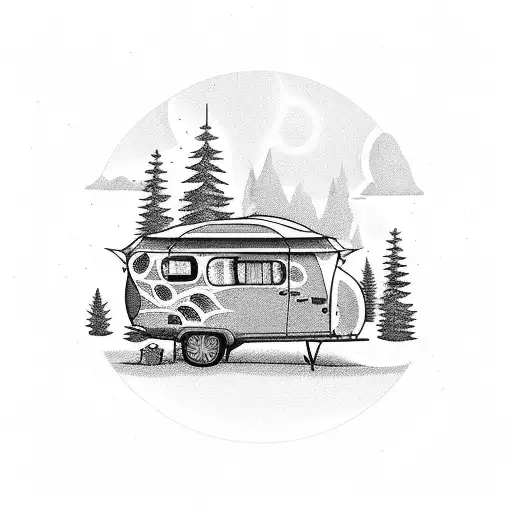 A Whimsical Camping Scene With A Vintage Camper Surrounded By Tall Trees And A Cozy Campfire