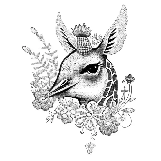 A Whimsical Garden Scene With Crocheted Flowers And A Cardinal Perched On A Giraffe's Back