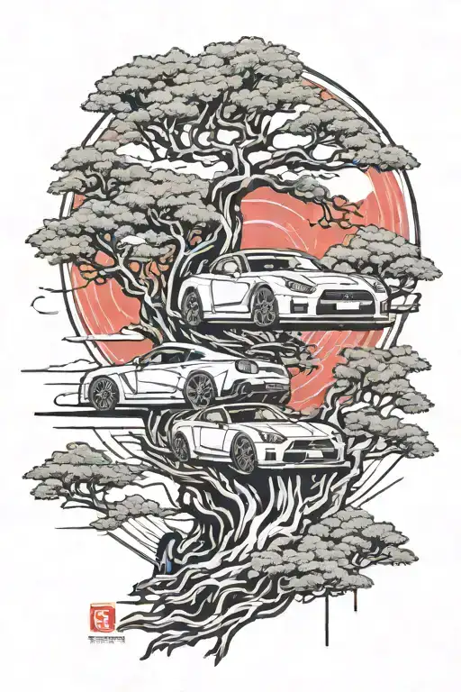 Gtr R35 With Japan Tree And Red Sun