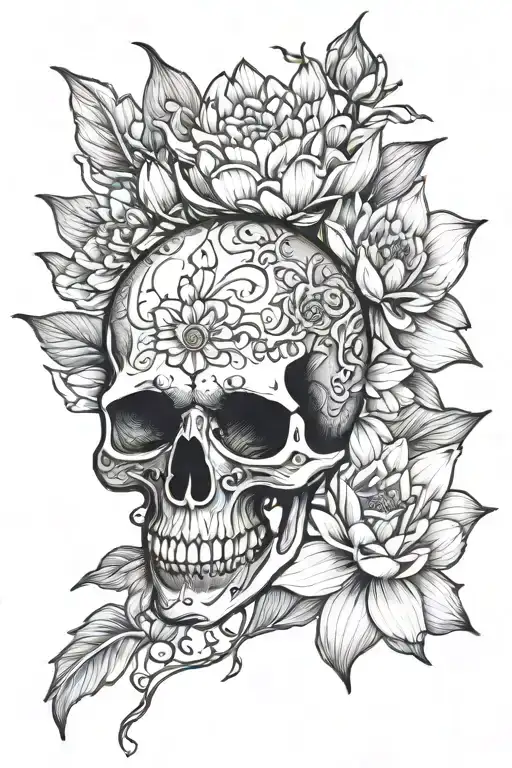 Skull And Blooming Lotus Flower