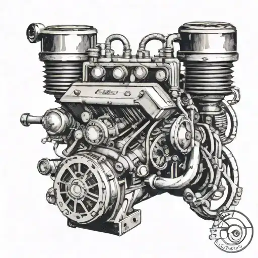 A Detailed Tattoo Of A Vintage Car Engine Intertwined With Musical Notes And Gym Equipment