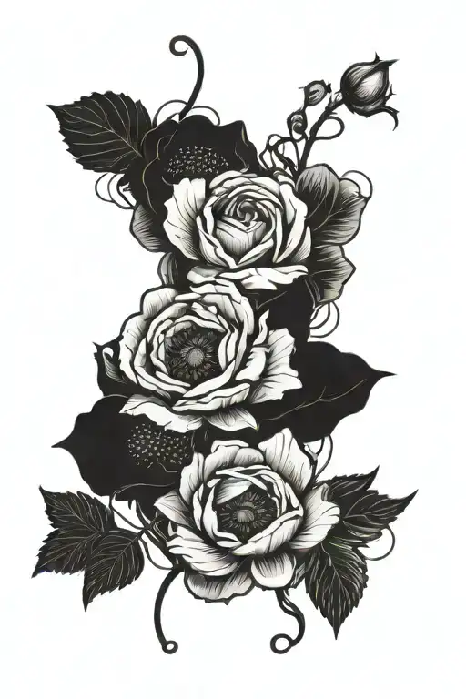 A Dark And Mysterious Tattoo Featuring Intertwined Roses And Poppy Flowers In A Blackwork Style