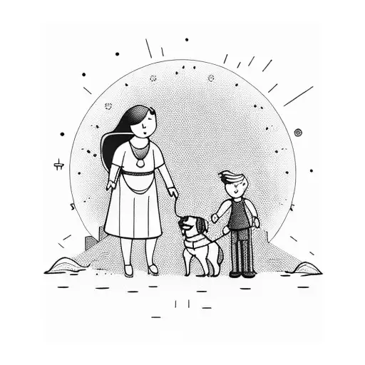 Family With Dog Silhuette Walking Sun Down