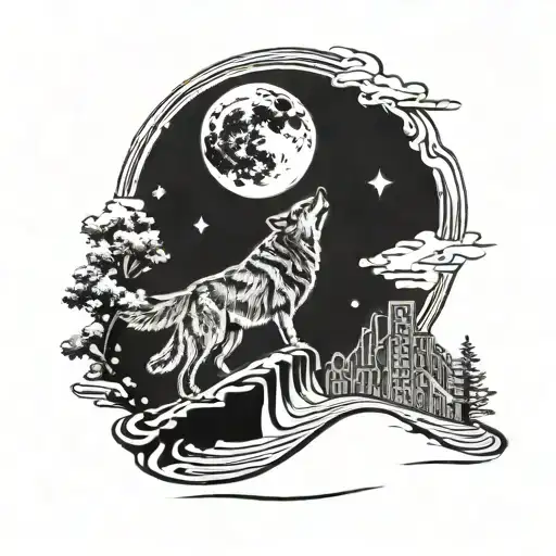 A Wolf Howling At The Moon With A Race Track In The Background