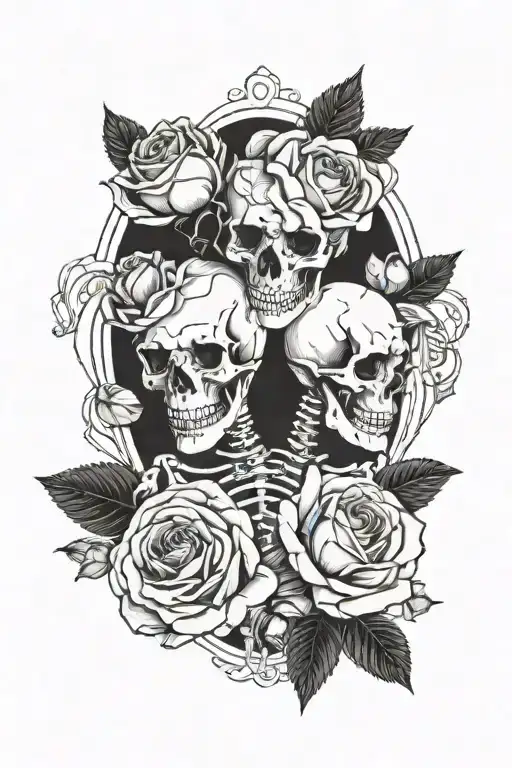 A Tattoo Featuring Two Skeleton Lovers Intertwined Roses And Poppy Flowers In A Blackwork Style