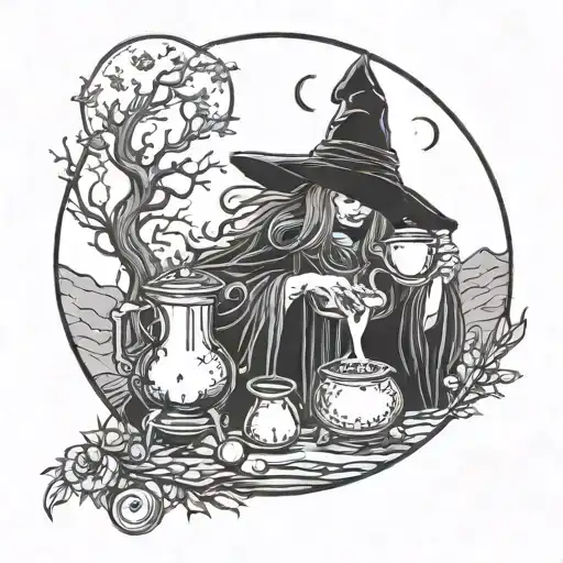 A Mystical Witch Brewing A Potion Under The Light Of The Full Moon