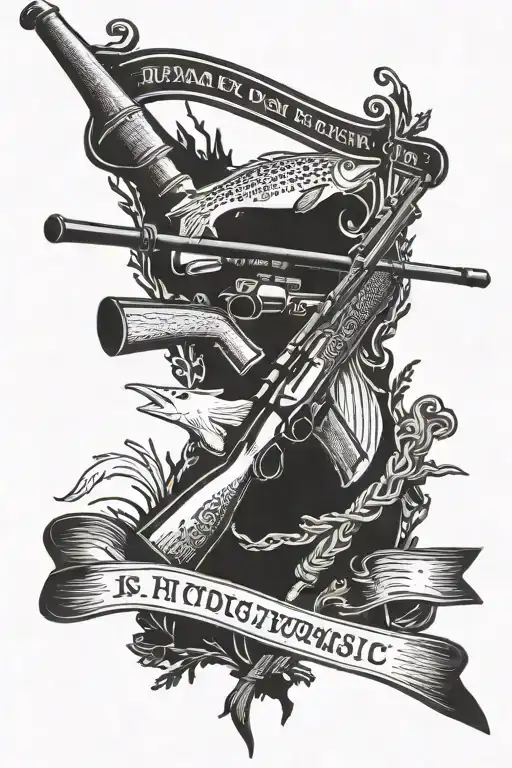 A Blackwork Tattoo Of A Hunting Rifle And Fishing Rod Crossed Over A West Virginia State Flag