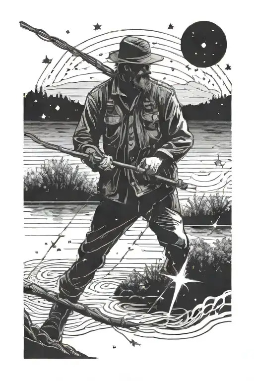 A Detailed Blackwork Design Of A Fisherman Casting A Line Towards Shooting Stars