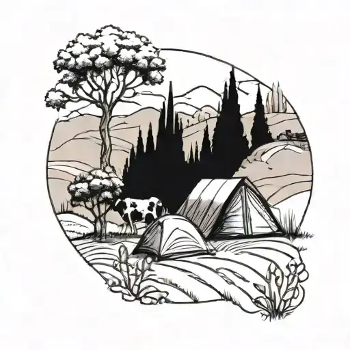 A Blackwork Tattoo Of A Tent Pitched In The Italian Countryside With A Cow Grazing Nearby