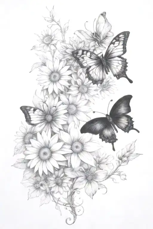 Vines Thorns Growing Up With A Butterfly's And Daisy Flowers Dark