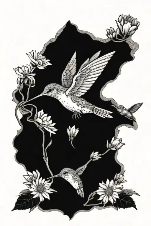 A Mother Hummingbird With Her Babies Nestled In A Bed Of Daisies And Roses