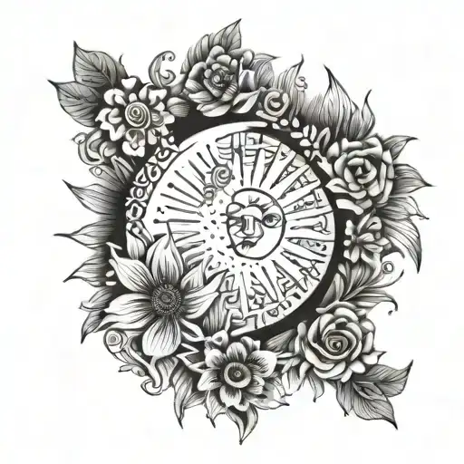 A Sun And Moon Tattoo With Floral Patterns Inspired By The Concept Of Duality In Psychology