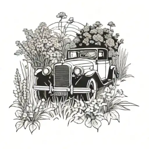 A Blackwork Tattoo Of A Vintage Car Driving Through A Field Of Wildflowers