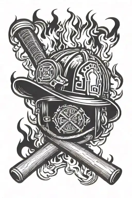 A Firefighter Helmet With Crossed Baseball Bats And Flames In The Background
