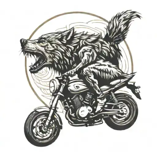 A Wolf Howling At The Moon With A Motorbike In The Background