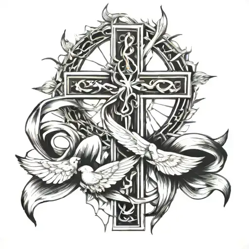 Jesus Cross With Cancer Ribbon Wrapped Loosely Birds And Sun Around It