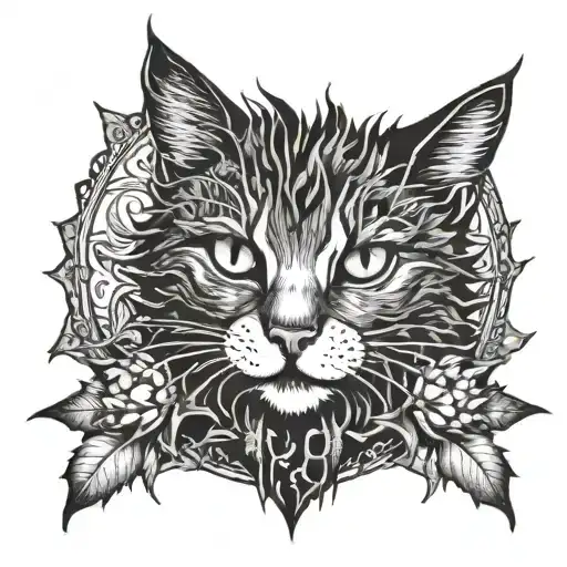 A Blackwork Tattoo Of A Mystical Thistle Surrounded By The Enigmatic Smile Of The Chesshire Cat
