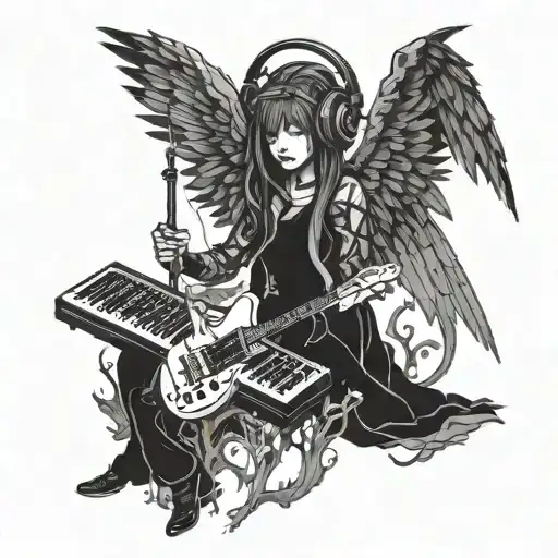 A Dark Angel Playing Electronic Music In A Mystical Forest Setting