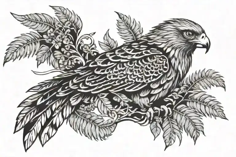 Hawk With Silver Fern Leaf Intertwined Within Wings