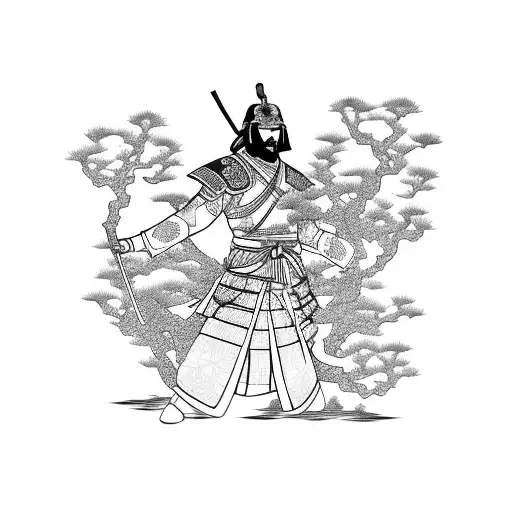 Japanese Samurai Warrior Surrounded By Bonsai Trees