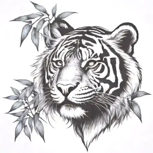 A Mysterious Lookin Tiger Head Surrounded By Bamboo