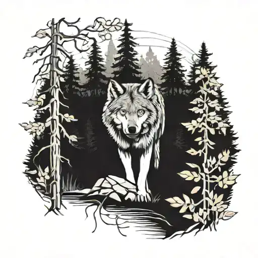 A Wolf Standing In A Forest Looking For Prey With A Realistic Design And Colourful