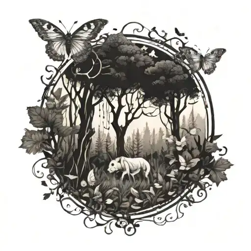 A Mystical Forest Scene With A Hidden Number 7 Among The Trees And Butterflies