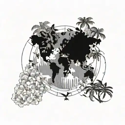 A Map Of The World With Floral Elements And Palm Trees Marking Different Destinations