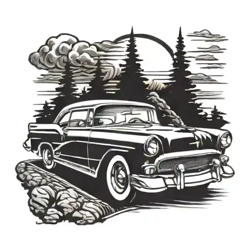 50S Muscle Car Driving Sunset Scene