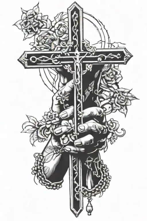 Hands Holding Rosary With Cross Surrounded