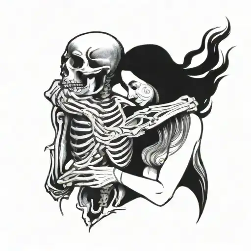 Masculine Skeleton Embracing A Woman With Long Hair