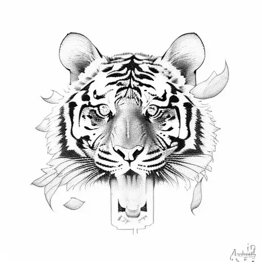 Half Tiger Face And Half Flowers Black And White