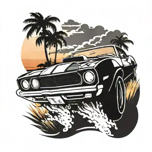 Muscle Car Driving Along The Beach Sunset Scene