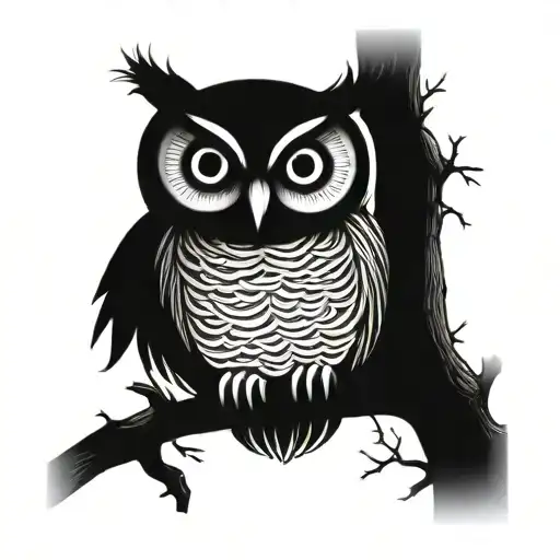 Owl Perched On A Branch Looking Straight Line