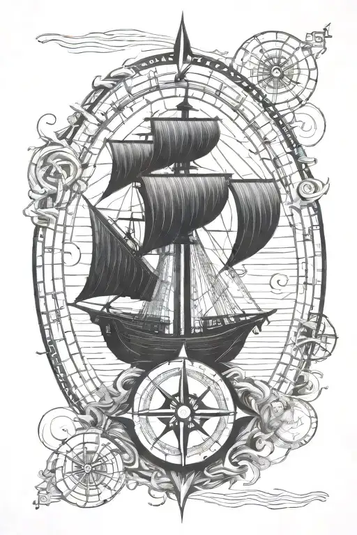 Sailing Ship And Viking Compass With Runes