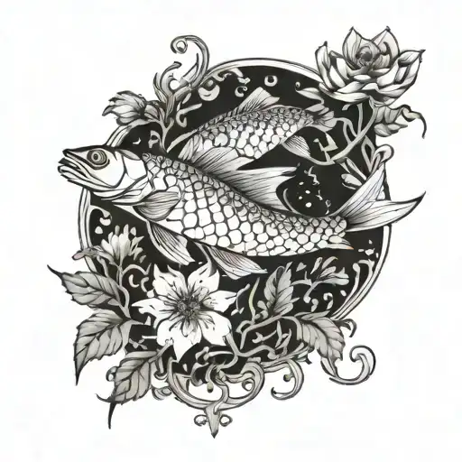 A Mystical Scene Of Pisces Fish Swimming Through A Garden Of Spooky Flowers